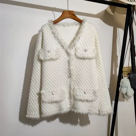 小香风针织开衫毛衣女秋冬新款宽松v领仿水貂绒时尚气质上衣外套商品大图