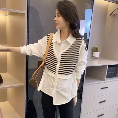 韩风2023早秋新款不规则设计感假两件条纹衬衣女休闲显瘦长袖上衣商品大图