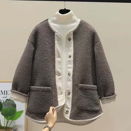 秋冬韩版圆领长袖宽松拼接灯芯绒羊羔毛上衣皮毛一体外套女小个子商品大图