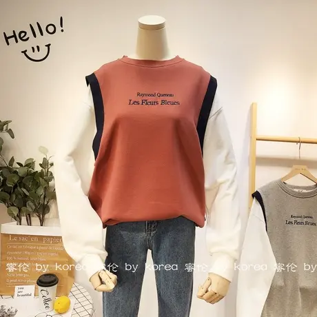 简约刺绣字母马甲假两件套装卫衣2020秋季韩国东大门小众卫衣宽松商品大图