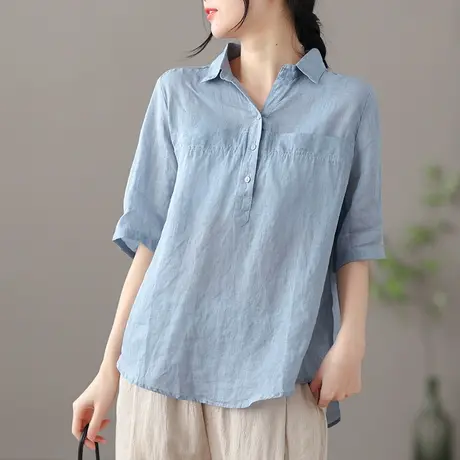 dza 复古苎麻上衣女士短袖衬衫2022夏季新款气质漂亮白色棉麻衬衣图片