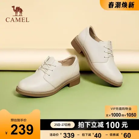 骆驼女鞋2023秋季新款英伦风小皮鞋女真皮乐福鞋深口高跟粗跟单鞋商品大图