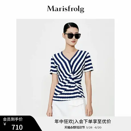 【艺术匠坊】玛丝菲尔夏季新款休闲v领收腰蓝白条纹短袖针织衬衫商品大图