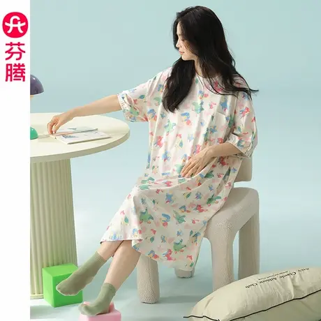 芬腾睡裙夏季新款纯棉薄款短袖睡衣裙韩版少女休闲宽松家居裙中裙图片