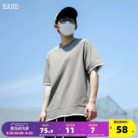 Radiohead短袖t恤男宽松假两件纯色打底衫圆领纯棉汗衫2023夏新款商品大图