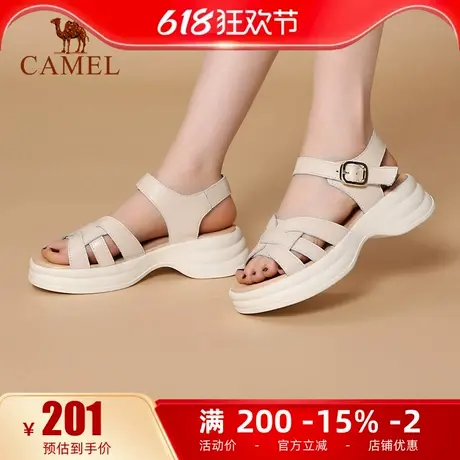 骆驼女鞋2025夏季新款真皮复古镂空露趾编织粗跟厚底罗马鞋凉鞋女商品大图