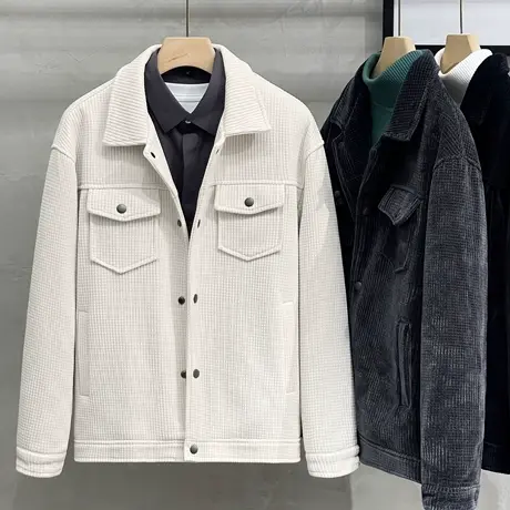 华夫格肌理外套男秋冬韩版潮流翻领毛呢夹克修身短款夹棉男轻熟风图片