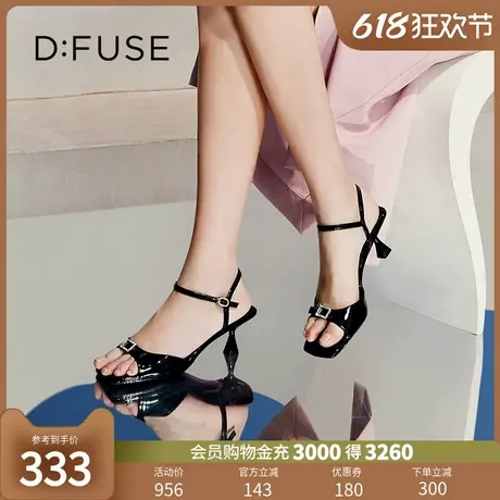 DFuse迪芙斯夏款牛漆皮方头钻扣一字带凉鞋女高跟凉鞋图片