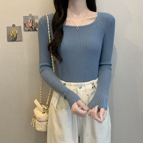辣妹方领长袖打底衫chic港风大码修身上衣ins百搭基础款针织毛衣图片