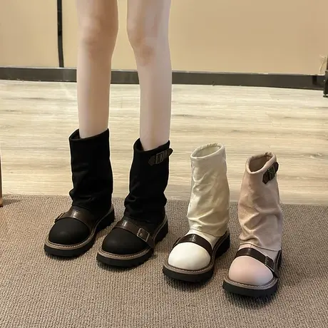 永希马丁靴女2023春秋季新款复古英伦风西部牛仔靴坡跟炸街裤筒靴商品大图