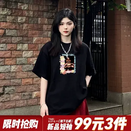 美式街头风潮牌黑色短袖t恤女oversize大版宽松显瘦重磅半袖上衣商品大图