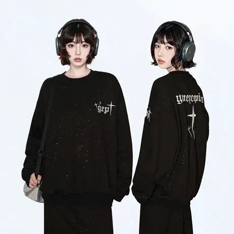 YEP黑色刺绣满天星卫衣女春秋2025新款潮牌套头复古宽松无帽上衣商品大图
