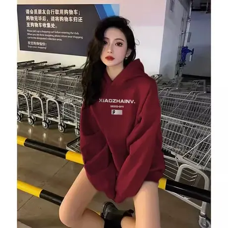 套头卫衣外套女秋冬冬薄款宽松慵懒风小个子oversize加绒连帽上衣图片