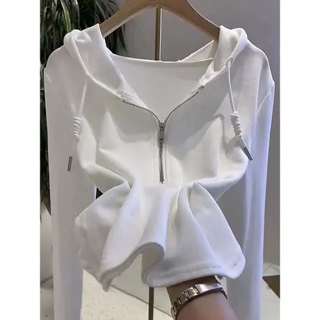 欧货ins潮牌半拉链连帽T恤卫衣女春秋百搭修身设计感长袖上衣服商品大图
