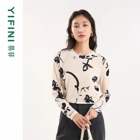 [专柜同款]Yifini/易菲竖坑条水墨印花圆领长袖短款时尚针织衫女商品大图