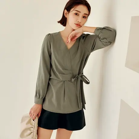 桔熊秋冬季通勤V领收腰蝴蝶结绑带中长款上衣女士大码AB16654商品大图