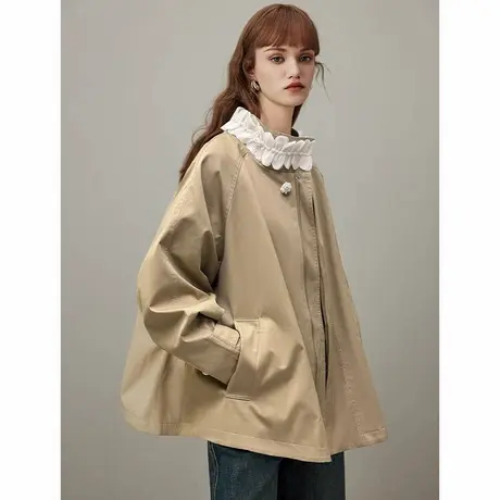 爵莱菲短款风衣外套女2025年春季新款立领宽松休闲夹克上衣大码商品大图