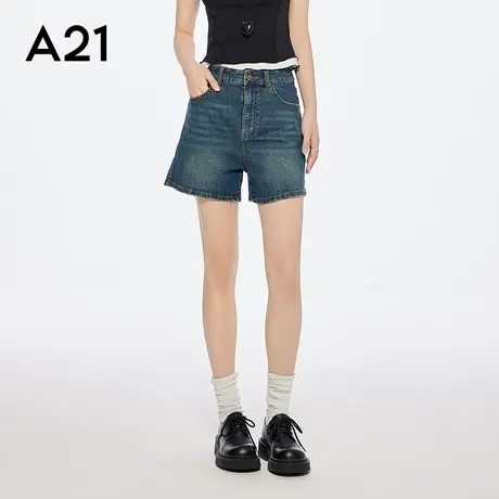 A21深蓝水洗短款牛仔短裤女2025夏季新款简约设计感微弹薄直筒裤商品大图