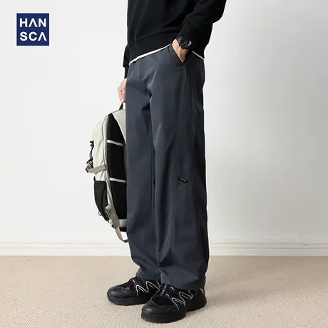 hansca户外防风直筒休闲裤男2025新款秋季拼接深灰色宽松工装长裤商品大图