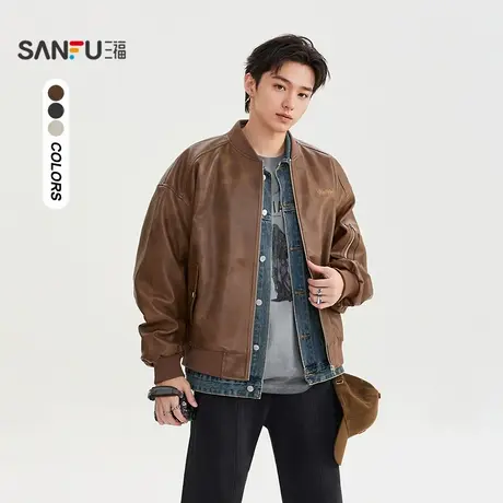 三福2025冬季男士飞行员PU棉服 宽松小英文外套短棉衣505443商品大图
