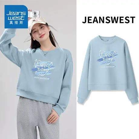 NOE真维斯蓝色圆领卫衣女2025新款春秋青少年宽松短款套头上衣商品大图