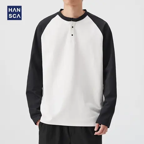 hansca 复古亨利领插肩袖长袖T恤男230g重磅2025秋季宽松撞色上衣商品大图