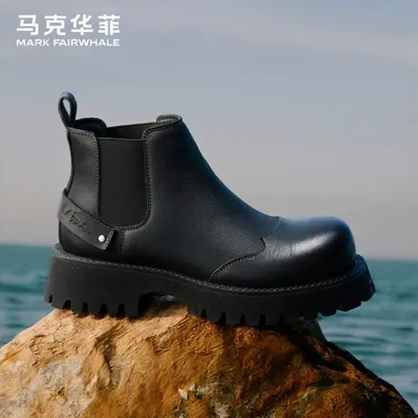 马克华菲黑色切尔西靴男2025秋冬新款机车靴一脚蹬马丁靴男款皮靴商品大图