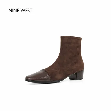 奥莱专供Nine West/玖熙粗跟咖色切尔西女靴高跟鞋子短靴真皮靴子图片