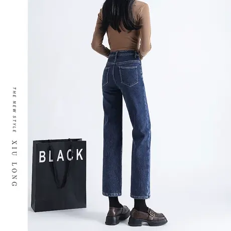 小个子高腰牛仔裤女秋冬2023新款显瘦加绒直筒宽松九分阔腿烟管裤商品大图