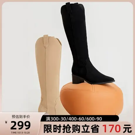 奥康女鞋新款冬季新款透气时尚休闲西部牛仔靴尖头粗跟潮流长筒靴图片