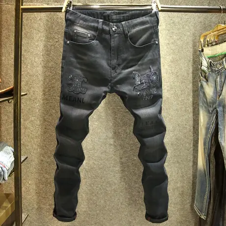 黑色修身小脚牛仔裤男款潮牌图案烫钻高端时尚百搭秋冬款长裤子厚图片