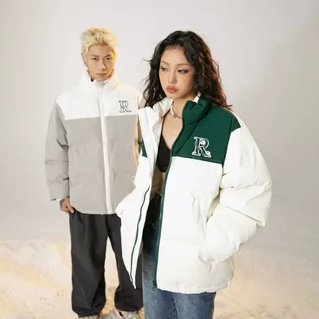 潮牌拼接立领棉服女冬季加厚外套2023新款情侣复古宽松面包服棉衣商品大图