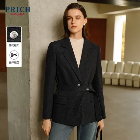 【羊毛面料】PRICH2023冬新款挺阔纽扣系带气质驳领西装外套女商品大图