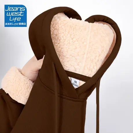真维斯LIFE咖啡色加绒加厚卫衣女2023新款爆款秋冬款羊羔绒外套女图片