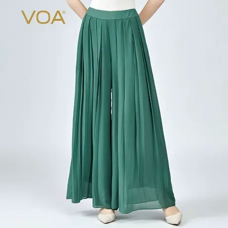 VOA真丝乔其纱高腰浣溪纱灰绿色斜插口袋飘逸百搭桑蚕丝阔腿裤商品大图