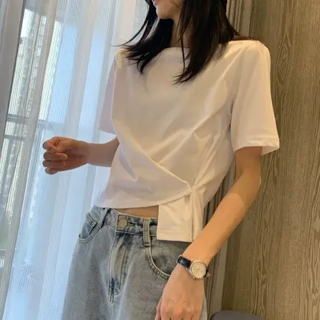 白色不规则T恤女别致短袖2023年夏季新款显瘦短款上衣设计感小众商品大图