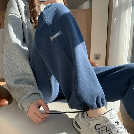 蓝色运动裤女阔腿裤春秋2024年新款高腰抽绳宽松休闲束脚灯笼卫裤图片