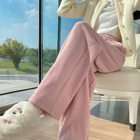 粉色灯芯绒阔腿裤女秋冬季加厚高腰显瘦垂感雪尼尔抽绳休闲拖地裤商品大图