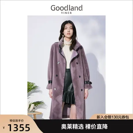 音儿美地女装2022冬季新款长款PU皮拼接双排扣仿羊羔毛外套商品大图