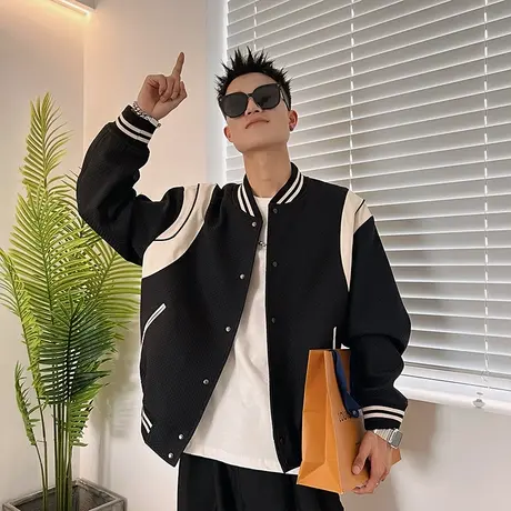 棒球服外套秋季2023新款个性潮流ins华夫格学生撞色机车工装夹克商品大图