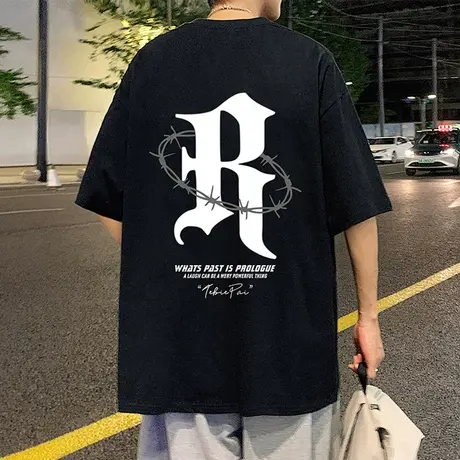 美式短袖t恤男2024夏季新款五分袖潮牌宽松高街ins纯棉半袖体恤衫商品大图