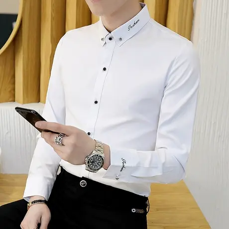 衬衫男士长袖韩版潮流春秋纯色刺绣百搭黑色衬衣加绒加厚冬装寸衫商品大图