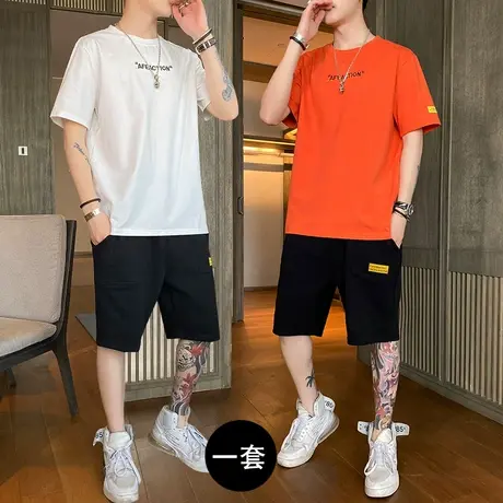 夏季一套装宽松棉感潮流ins短袖t恤男士搭配休闲运动帅气短裤潮牌商品大图