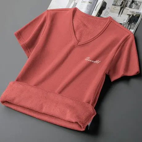 短袖t恤男生秋冬季加绒加厚V领上衣服潮流印花半袖保暖打底衫体恤商品大图