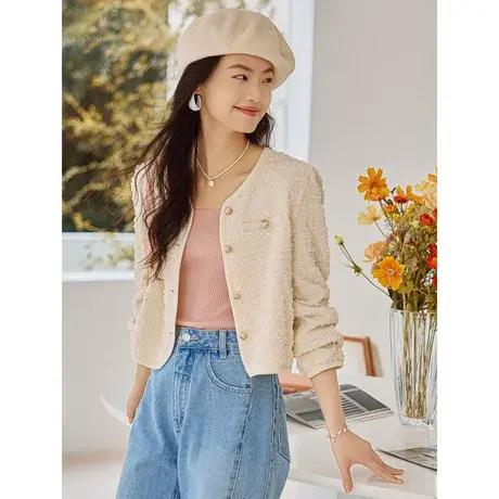 时尚气质小香风长袖外套2023年秋季新款淑女温柔甜美V领显瘦上衣图片