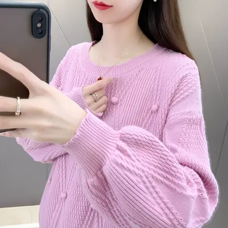 春装新款2024圆领套头针织衫女韩版宽松长袖上衣短款洋气时尚毛衣图片