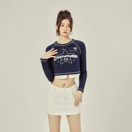 YEP2024新款美式复古长袖T恤女春秋内搭打底辣妹修身短款露脐上衣商品大图