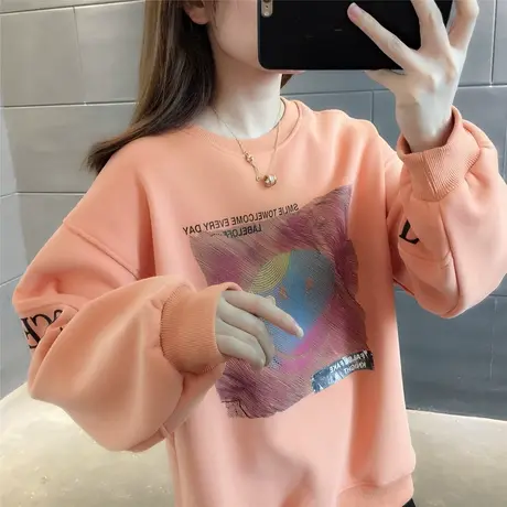 2023新款圆领卫衣女秋冬加绒加厚宽松oversize复古外套上衣百搭潮图片