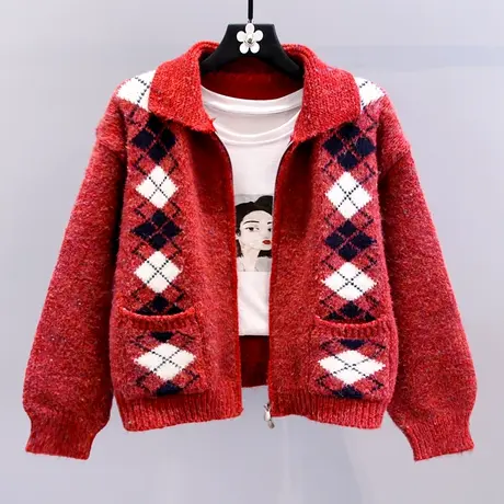 圣诞节红色毛衣外套女秋冬2023新款宽松慵懒风加厚拉链针织开衫图片