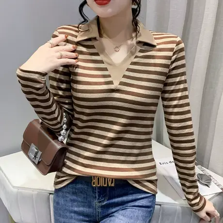 欧货POLO领长袖T恤女2024秋装新款时尚条纹上衣显瘦气质打底小衫商品大图